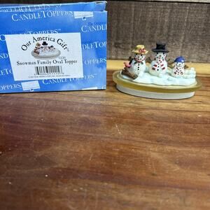 Our America Candle Jar Oval Topper Snowman Family In Box